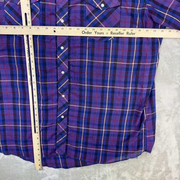 Vtg Wrangler Plaid Western Pearl Snap Shirt Mens XL XLong Tails Short Sleeve - Picture 4 of 9